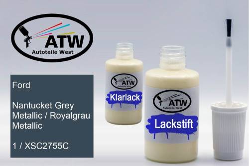 Ford, Nantucket Grey Metallic / Royalgrau Metallic, 1 / XSC2755C: 20ml Lackstift + 20ml Klarlack - Set, von ATW Autoteile West.